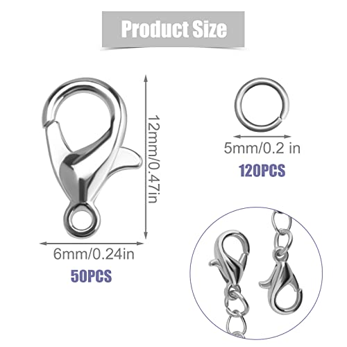 Kinbom 50Pcs Silver Lobster Clasp And 120Pcs Open Jump Ring, Jewelry Bracelet Connectors Necklace Clasp Bracelet Clasp Jump Rings For Jewelry Making ( Clasp: 12X6Mm + Ring: 0.7X5Mm) #TOP1
