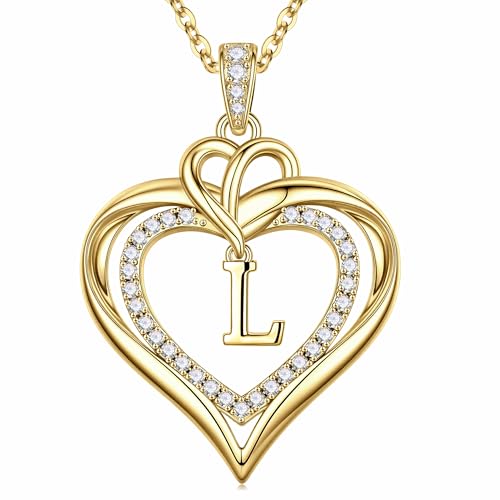 Turandoss Collar con inicial de corazón para mujer, delicado collar chapado en oro de 14 quilates con inicial de corazón con letra A-Z, collares con colgante de circonita cúbica para mujeres, regalos
