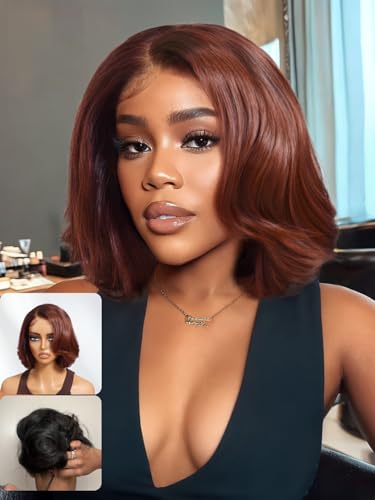 Nadula Bye Bye Knots Reddish Brown Short Body Wave Bob Drawstring Wig human Hair with Face Framing Layers Bangs, Glueless Pre Cut 7x5 HD Lace Front Wig Pre Plucked Ready to Wear Wavy Bob Wig 10inch