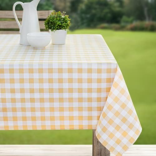 Benson Mills Spillproof Checkered Spring/Summer Fabric Indoor Outdoor Tablecloth, Outdoor Table Cloth for Rectangle Tables, Picnic/Patio Table Covers (Yellow Buffalo Check, 52" X 70" Rectangular)