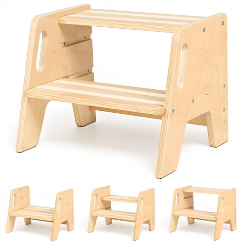 WINGYZ Tritthocker Kinder 2 Stufen aus Holz Zweistufiger Hocker mit 3 verstellbaren Höhen, 2 Griffen & Anti-Rutsch Pads, tragbar Kinderhocker für Badezimmer, Küche & Waschbecken ab 2 Jahren(Natur)