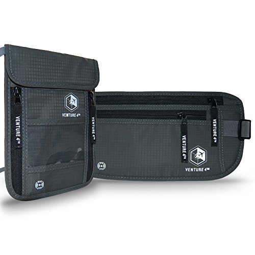 RFID Blocking Money Belt Travel Wallet and Neck Pouch Passport Holder Twin Pack to keep your Cash Safe when Traveling Safety Stash Collection (Gray Neck Pouch + Gray Money Belt)