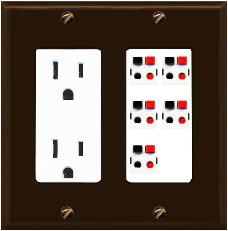 RiteAV 5 Port Speaker Wire Plug Jack Wall Plate - Outlet [Brown/White]