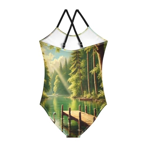 Swan Lake Trees Swimsuit for Girls Bathing Suit Summer Beach One Piece Swimsuits Swimwear2