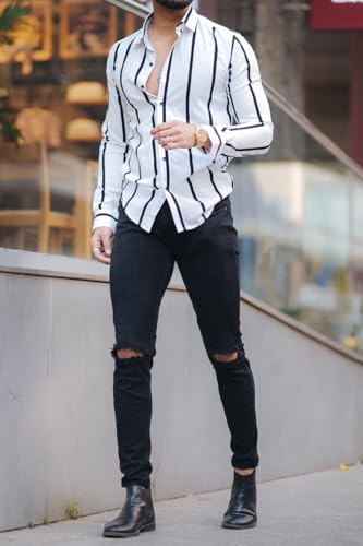 Image of MiraMichi Men's Striped Slim Fit Lycra Shirt | Full Sleeve Stretchable Shirt | Trendy Black and White Vertical Stripes for Casual