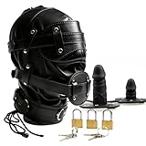 Rubberfashion Leder BDSM Maske mit Augenbinde, 2 Dildos als Mund Knebel und 3 Schlösser - Bondage Maske - BDSM Toys für Männer Frauen und Paare
