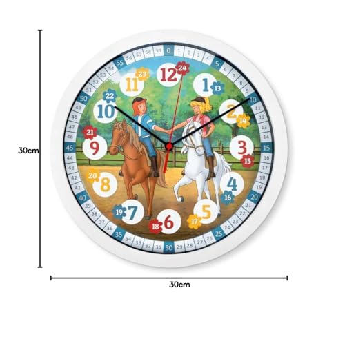K&L Wall Art Lautlose Kinder Wanduhr für Mädchen und Jungen langlebige Lernuhr Pferde Martinshof Bibi&Tina Kinderuhr Lesehilfe im Kinderzimmer (30cm Bibi & Tina)