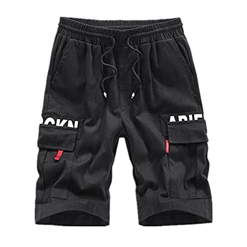 UKKD Shorts Herren Cargo Shorts Männer Baumwolle Herren Sommer Mann Schwarz Plus Größe 6XL 7XL 8XL Lose Lässige Männliche Tasche Elastische Blau Gestreckt-Black Shorts,8XL Cover