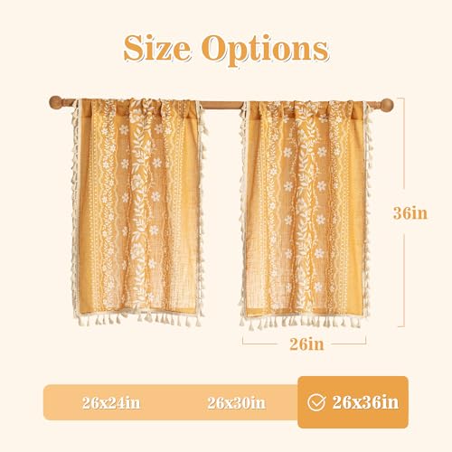 Image of MYSKY HOME Short Boho Tiers Curtains 36 Inch Length Over Sink Linen Blend | Golden Yellow Bohemian Cafe Curtains for Bathroom Basement Light Filtering Drapes with Tassels Rod Pocket, 26 inch Wide, 2 Panels
