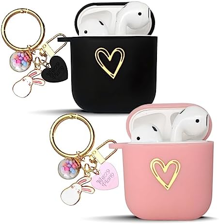 REDX1 [2 Pack] Airpods Case Gold Heart Design Protective Cover with Lucky Ball Keychain Accessories,Soft TPU for Women,Girl,Teen Compatible with Airpods 1&2nd Generation (Black,Pink)