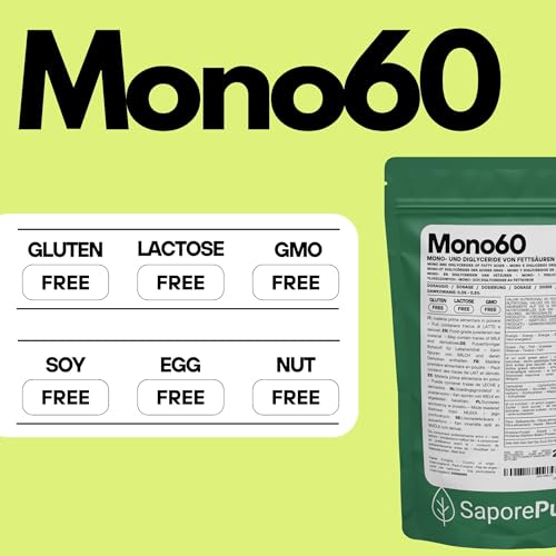 SaporePuro Mono60 – Mono-und Diglyceride von Fettsäuren 200 g – Pflanzlicher, Glutenfreier Lebensmittelemulgator für Speiseeis, Sorbets, Margarinen, Brotaufstriche und Gebäck - Emulgator