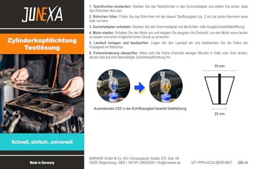 JUNEXA Zylinderkopfdichtung Testlösung 250 mL – CO₂-Lecktester für Benzin- & Dieselmotoren – Schnelle Diagnose bei defekter Zylinderkopfdichtung - Rapid Engine Leak Detector