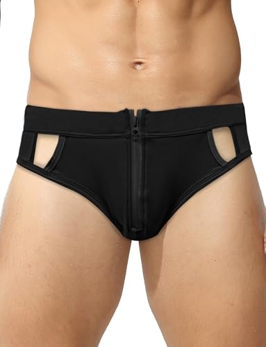 FEOYA Men’s Swim Briefs Low Rise Swimsuit Bikini Surf Bathing Suit Thong Shorts Side Hollow Zip Front