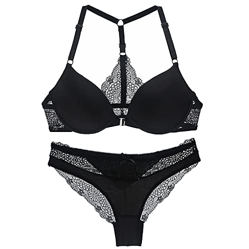 2 Piece Sexy Bra And Panty Set Lingerie Set For Women Lace Smoothing Triangle Strap Demi Balconette Minimizer Bra Black #TOP12