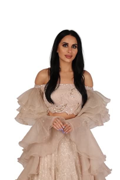 Image of QUEEN'S BY AAKARSHAN Peach Off-shoulder Pure Lucknavi Lehenga With Pure Organza Dupatta