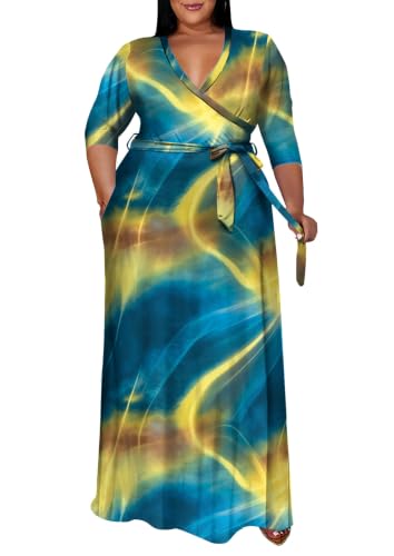 Image of Runwind Plus Size Maxi Dress for Curvy Women Flowy Wrap with Pockets