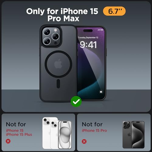 Image of Miracase Magnetic for iPhone 15 Pro Max Case 6.7 inch (Compatible with MagSafe)(with 2X Screen Protectors) Military-Grade Protection, Anti-Fingerprint Translucent Matte Phone Cover, Black