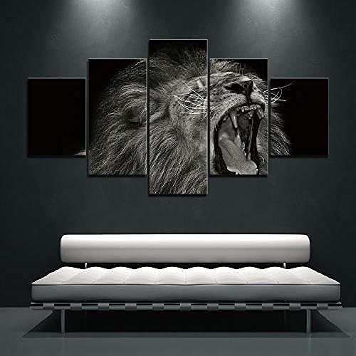 Impression HD modulaire lion noir et blanc toile tendue 5 parties