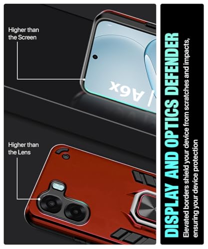 Image of WOW IMAGINE Shock Proof Back Case Mobile Cover for Oppo K14x 5G | Oppo A6x | A6s 5G | Back Cover Case (Tough Armor | Hybrid PC + TPU | Ring Holder & in-Built Kickstand | Red)
