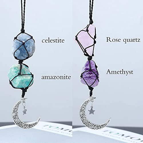 Runyangshi 2Pcs Healing Crystal Car Rear View Mirror Hanging Accessories Natural Celestite Amazonite&Rose Quartz Amethyst Rough Stone Handmade Hanging Ornaments Home Decor Gift #TOP1
