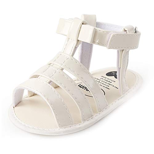 Baby Girls Gladiator Sandals Pu Leather Rubber Sole Toddler First Walkers Summer Beach Sandal Shoes(White,0-6 Months)