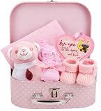 Baby Box Shop Baby Girl Gift Set Newborn Essentials in a Keepsake Box - All-in-One Ready-to-Gift Baby Shower Gift for Girls with Rattle Bib Booties Mittens Hat Muslin Cloth - Premium Baby Girl Hamper