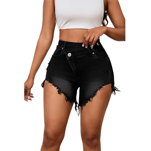 Image of PINSV Women's High Waisted Crossover Jean Shorts Ripped Hem Raw Denim Shorts
