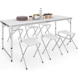 IDMarket   Table de Camping Pliante réglable en Hauteur 160 cm et 6 tabourets Blancs
