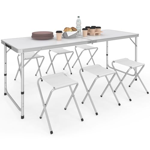 IDMarket - Table de Camping Pliante réglable en Hauteur 160 cm et 6 tabourets Blancs