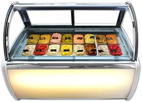 Kolice Commercial 16 Pans Gelato Showcase Display Freezer, Ice Cream Showcase, Ice cream Display Freezer-Auto Defrost, Anti-fog Glass, Cooling Air Convection, Red Color Panel