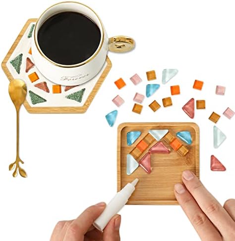 Glass Mosaic Tiles, Mosaic Kit with Wooden Coaster, Mixed Colors Mosaic Glass Pieces DIY Crafts Material Package Supplies for Coaster Handmade Home Decor Gifts (2 Sets)