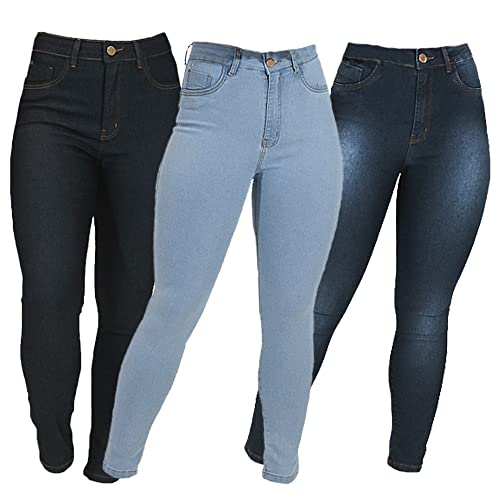 Kit com 3 Calças Jeans Feminina Imporium Skinny Cropped Cintura Alta Cós Alto 002 (42, Azul 002)