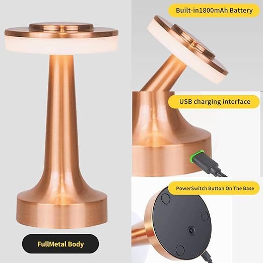 Image of One94Store Rechargeable LED Table Lamp with Touch Control, 3-Level Brightness, Retro Rose Gold Metal Design, Perfect for Bedside, Nursery, Home & Cafe Decor
