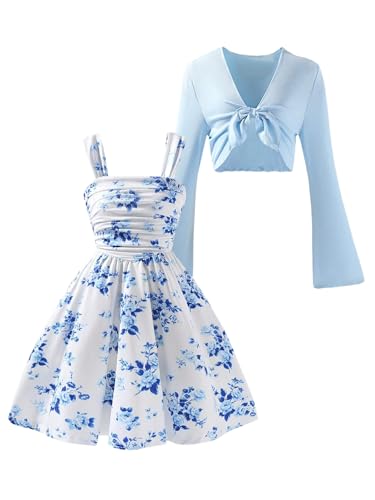 Verdusa Girl's 2 Piece Set Brunch Outfits Floral Ruched Ruffle Tank Dress with Tie Knot Lightweight Cardigans Blue 12Y