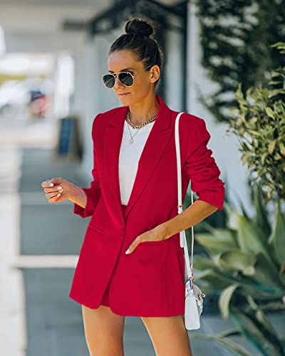 Women's 2 Piece Open Front Long Sleeve Blazer And Solid Short Pants Suit Sets Wine Red #TOP2