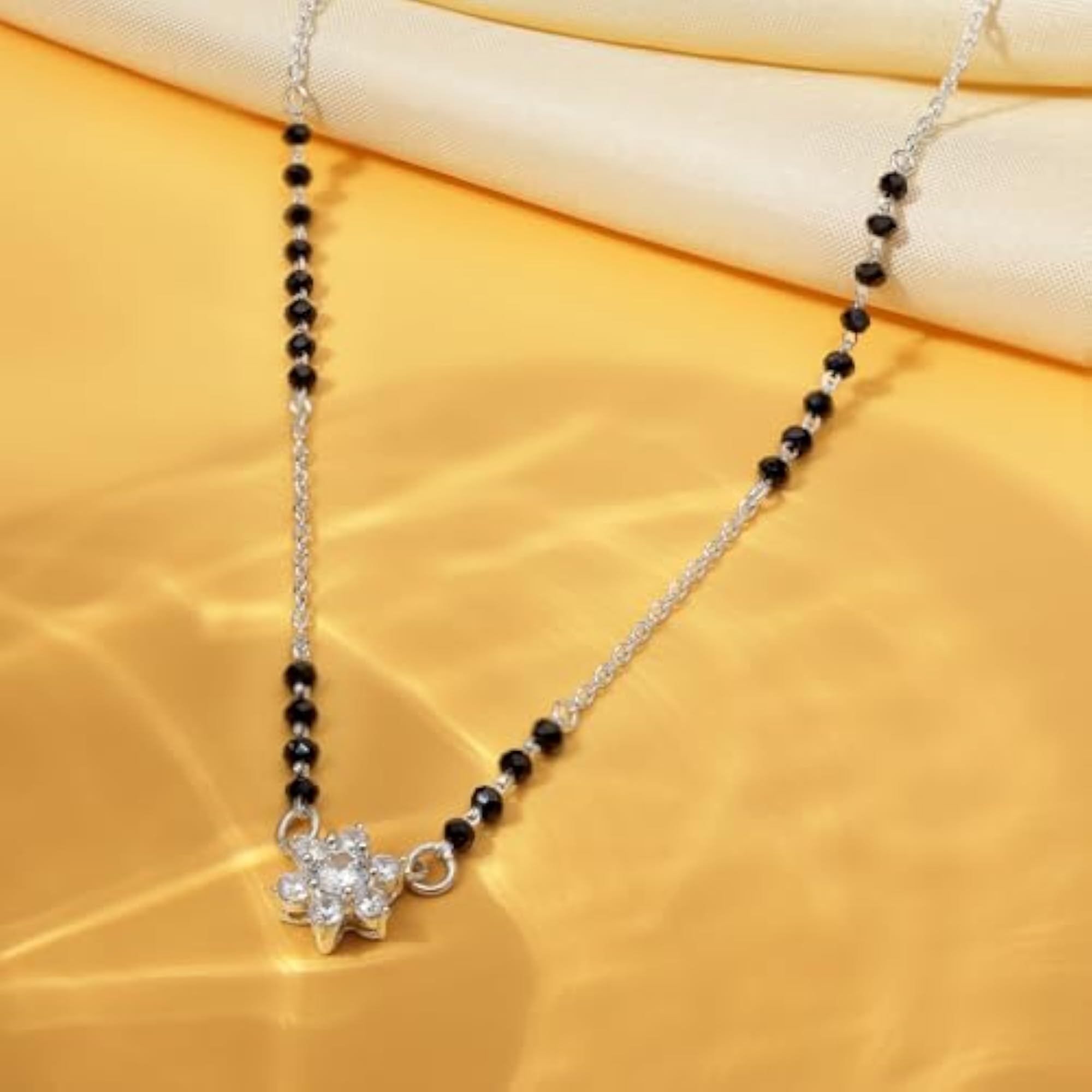 925 Sterling Silver Black Crystal Beaded Floral Design Mangalsutra