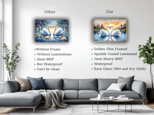 Image of Vastu Swan Pair Photo Frame, Gold, Slim, Sparkle Coated Lamination, 12x18 Inch, for Living Room and Office (Design 7, 30L x 45W cm)