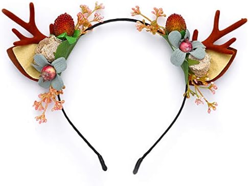 Unicra Christmas Headband Flower Antlers Headband Headwear Elk Deer Animal Horns Hair Piece Headdress Halloween Hair Accessories for Women and Girls (01)