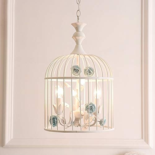 Huioo Creative Iron Bird Cage Chandelier White Rural Style Restaurant Ceramic Roses Light Stairs Single Head Chandelier Clothing Store Bedroom Led Ceiling Lamp (Color : Blue) #TOP2