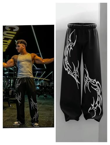 Image of Aesthetic Gothic Wide Leg Pants for Men | Tribal Print Baggy Streetwear | Oversized Track Pants with Elastic Waist | Black and White Relaxed Fit Bottoms