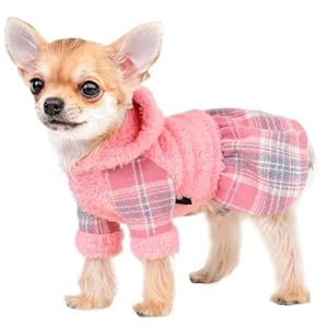 Dog Dress for Small Dogs Girl, Cute Warm Fleece Dog Hooded Sweater, Winter Pink Plaid Puppy Dresses Clothes for Chihuahua Yorkie,Cat Apparel (Pink, XX-Small)