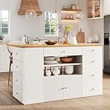 DRIXNO Kücheninsel mit Arbeitsplatte, Stabil Schrank, Barhockern mit Rollen, Küchenschrank mit 6 Schubladen und Hockern, Multifunktionsschrank mit Schublade, Verstellbar 140x40(70) x89 cm, Weiß