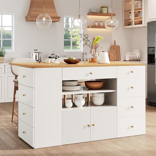 DRIXNO Kücheninsel mit Arbeitsplatte, Stabil Schrank, Barhockern mit Rollen, Küchenschrank mit 6 Schubladen und Hockern, Multifunktionsschrank mit Schublade, Verstellbar 140x40(70) x89 cm, Weiß