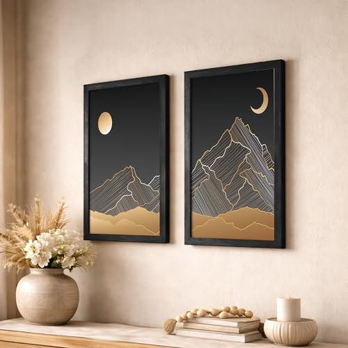 Image of NoWorries Golden Sun & Moon illustration line art Wall paintings for Home decoration (13x19inches) (Line Art) Set of 2 Big framed posters (Art-6)