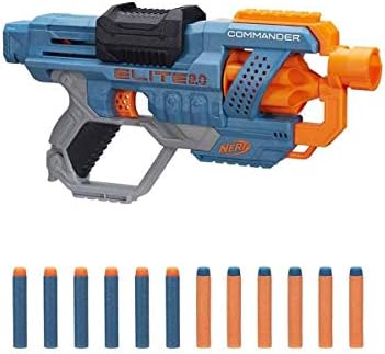 Wyrzutnia Nerf Elite 2.0 Commander RD-6, 12 oryginalnych strzałek Nerf, 6-strzałkowy magazynek obrotowy, szyny na akcesoria, miejsca mocowania lufy i kolby.