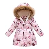 Dreamyth Kids Girls Faux Fur Hooded Down Jacket Coat Kids Winter Warm Fleece Lined Thick Floral Hooded Windproof Coats Outerwear C-pink-03, 4T