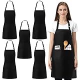 PORFOYO 5 Stück Schürze Schwarz, Schürzen Gastronomie, Kochschürze Herren Damen, Küchenschürze Herren Damen, Grillschürze mit 2 Taschen, für Kochen, Küche, Gartenarbeit, Restaurant, Kaffeehaus