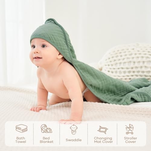 Image of Baby Bath Towels, 100% Muslin Cotton Hooded Baby Towels for Newborn, Baby Towels with Hood for Infant Toddler and Kids, Large 32x32Inch, Soft and Absorbent