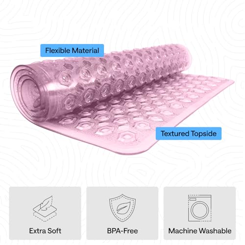 Image of GORILLA GRIP Patented Bath Tub Shower Mat, Machine Washable Bathtub Floor Liner Mats, Suction Cups and Drain Holes to Keep Tubs Clean, Soft on Feet, Bathroom Essentials, 35x16 Inch, Clear Purple