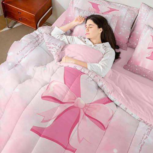 Image of Feelyou Boys Girls Pink Bowknot Bed in A Bag Twin Size, Personalized Initial Y 7 Pieces Bedding Set Princess Glitter Comforter Set with Sheets Kids Bow Monogrammed Teens Bed Set Bedroom Decor 7Pcs